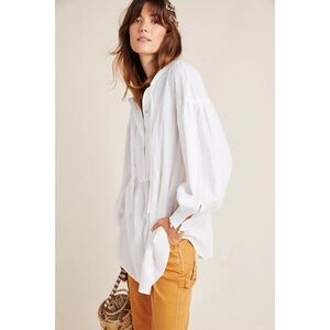 Anthropologie Maeve Vivaldi Textured Tie-Neck Tunic Top Blouse Cotton Minimal